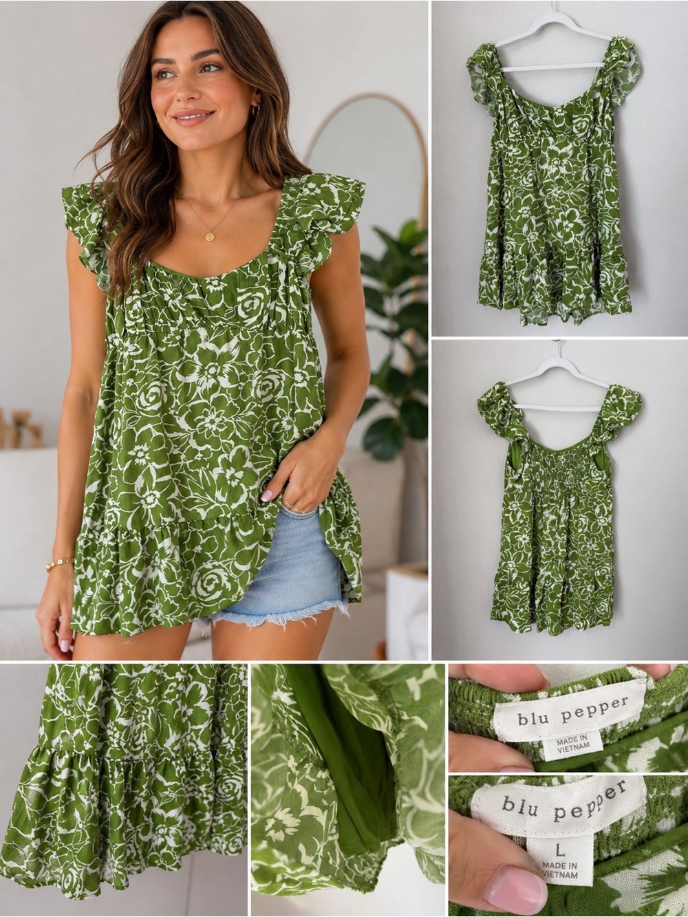 Blu Pepper Olive Green Floral Ruffle Sleeve Tunic babydoll  Top size large